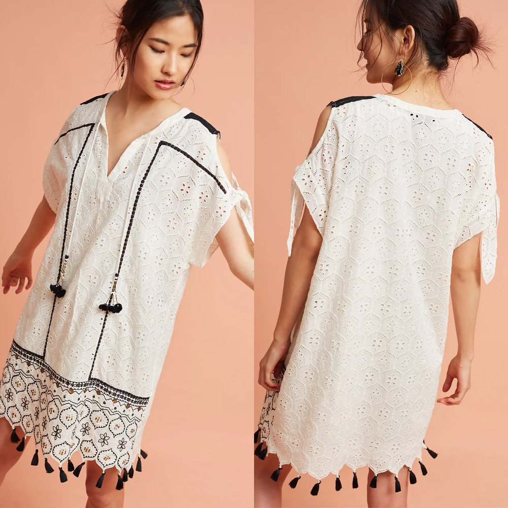 Anthropologie Hemant & Nandita Aditya Embroidered Eyelet Tassel Dress White M